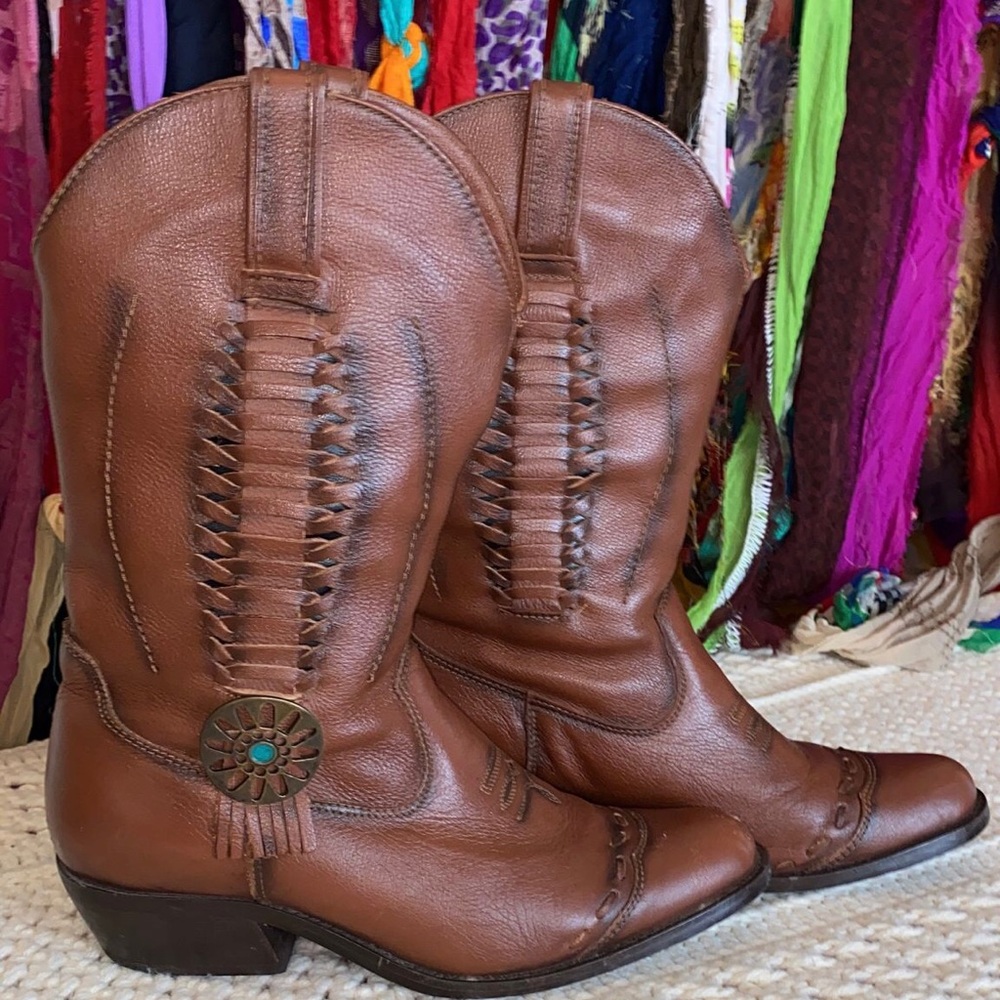 Acme Western Boots Brown Leather Weave Tassels With Turquoise Jewels